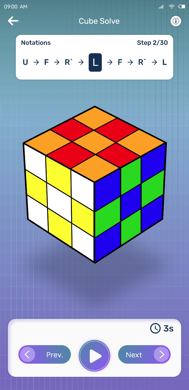 Rubiks Cube Solver Cube Solve screen showing move notations and step 2 of 30