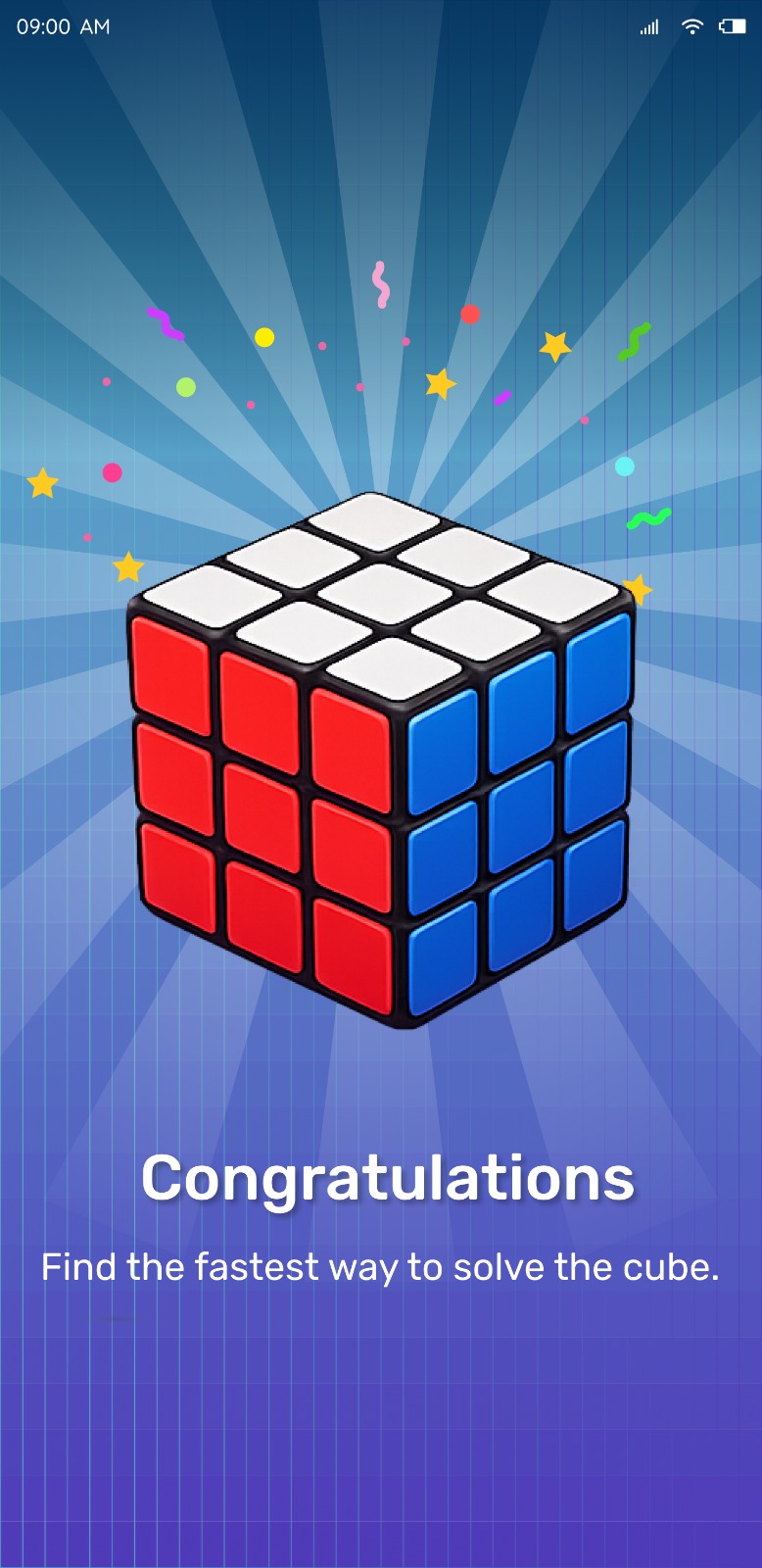 Rubiks Cube Solver congratulations screen with a solved Rubik's Cube