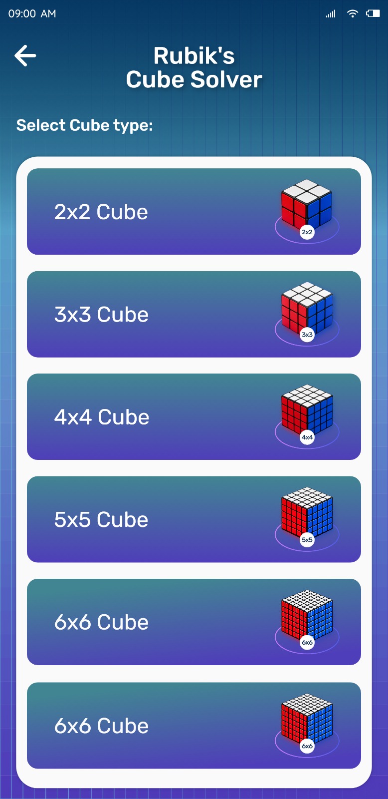 Rubiks Cube Solver virtual cube screen showing cube type selection