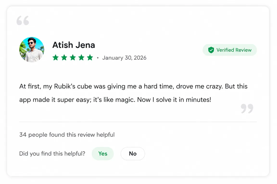 User review of Rubiks Cube Solver from Google Play (review 1 of 18)