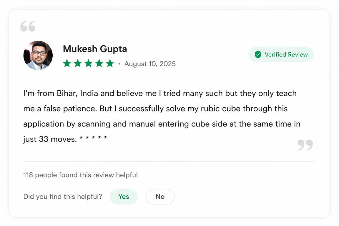 User review of Rubiks Cube Solver from Google Play (review 2 of 18)