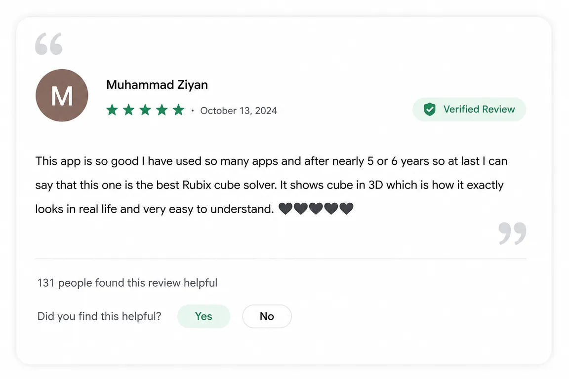 User review of Rubiks Cube Solver from Google Play (review 14 of 18)